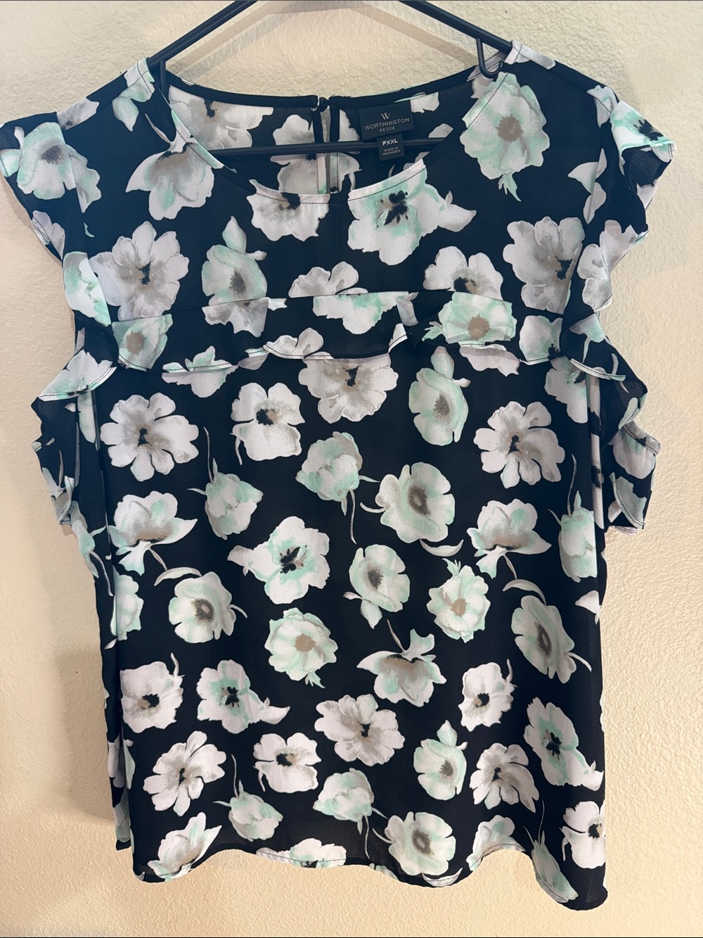 Worthington Navy Floral Ruffle Cap-Sleeve Blouse